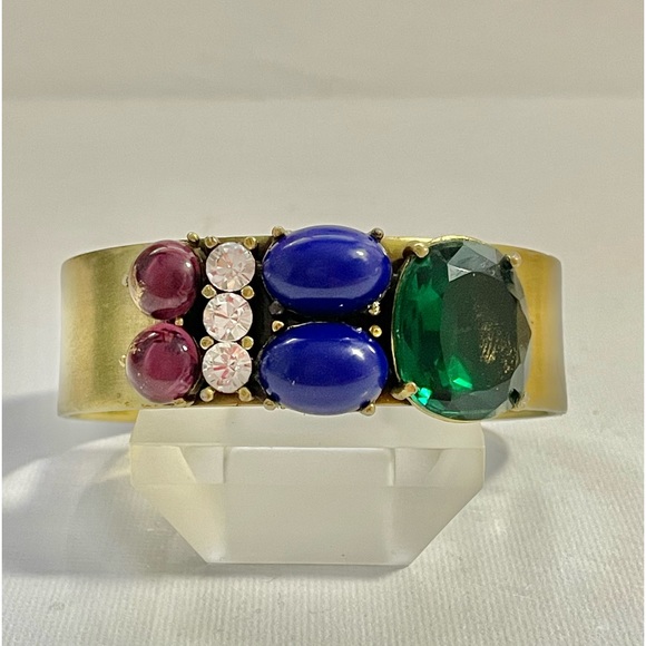 Rare YOSCA Jeweled Cuff Signed Ruby Emerald Sapphire Gemstones Antique Gold - Picture 1 of 7